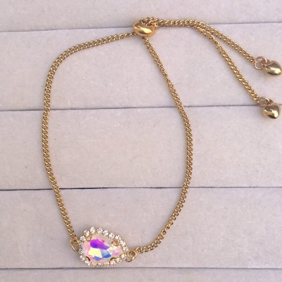 White Aurora Borealis Crystal Halo + Gold Pear Adjustable Boho Bracelet - Picture 8 of 13